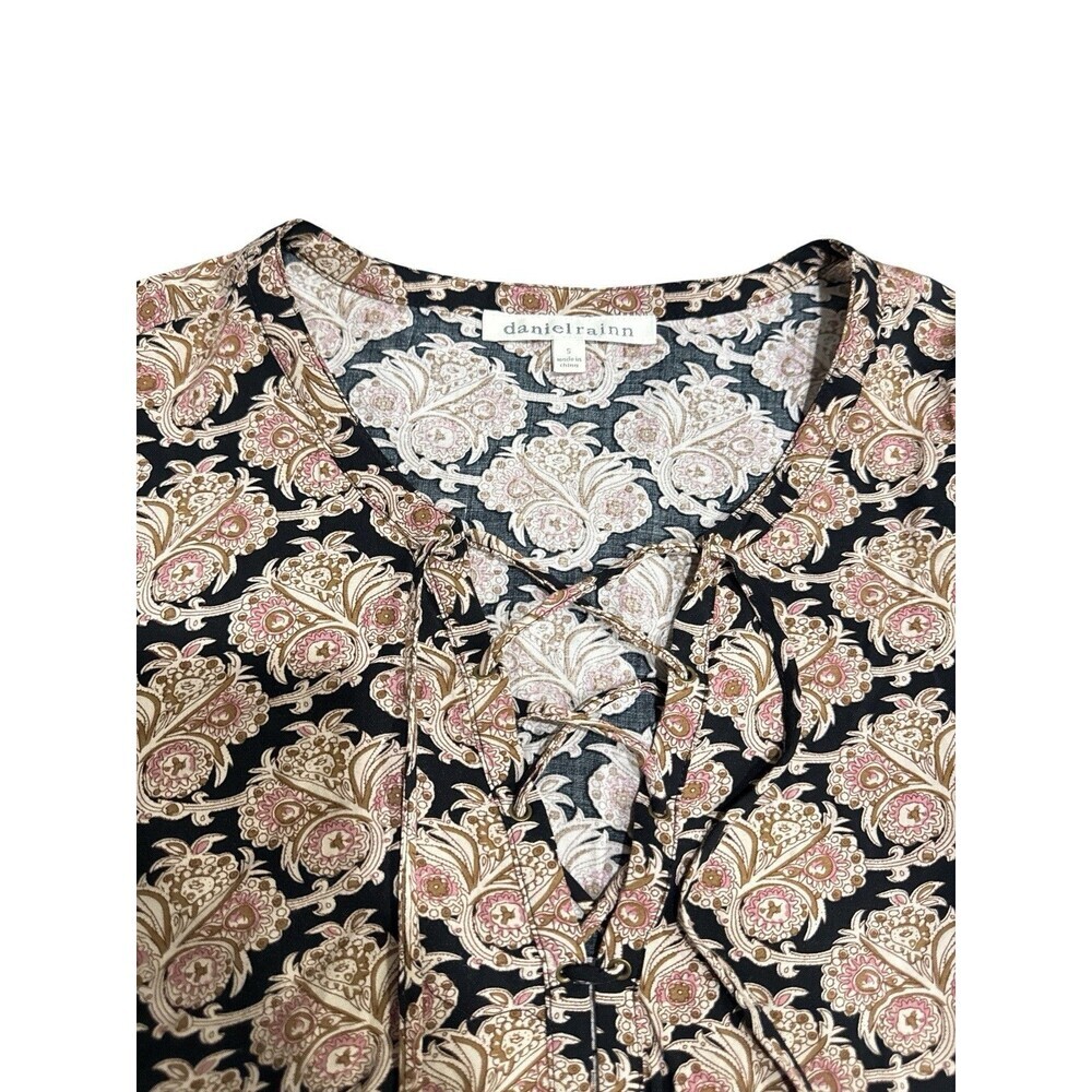 Daniel Rainn Boho Paisley Lace-Up Blouse Black Cream Long Sleeve Size S - Picture 3 of 8
